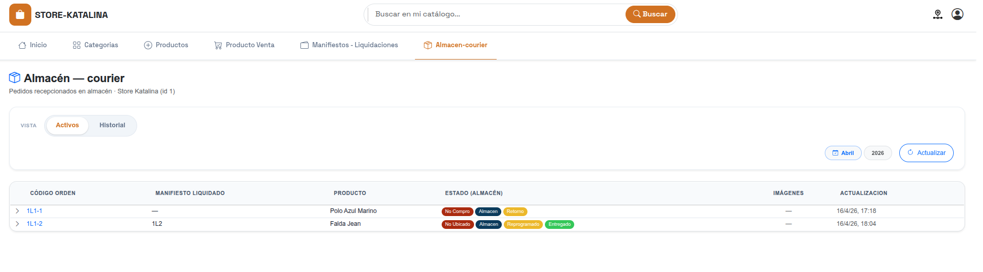 Panel de almacen para courier en Lima